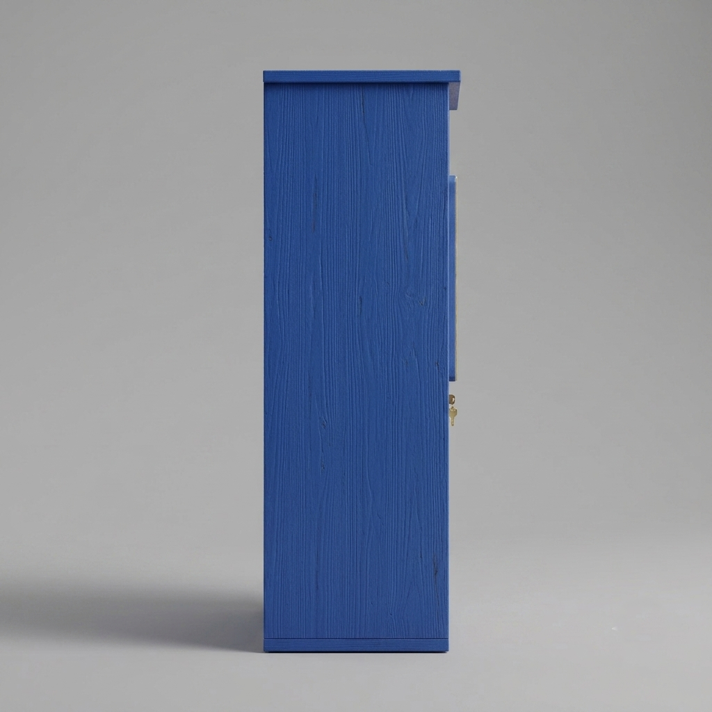 A tall, narrow blue cabinet or storage unit with a woodgrain texture, shown from the side against a neutral gray studio background.