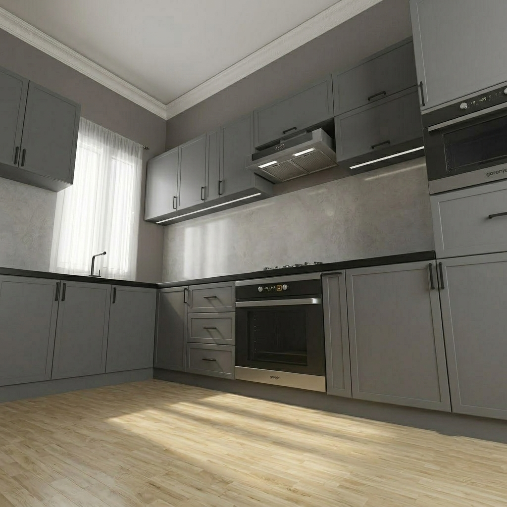 A modern kitchen interior with gray cabinets, black countertops, built-in appliances including an oven and range hood, a textured backsplash, and light wood flooring with sunlight streaming across the floor.