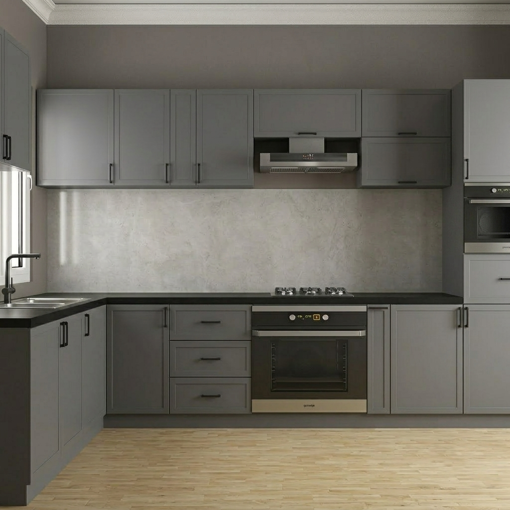 A modern L-shaped kitchen featuring gray cabinets, black countertops, a light gray stone backsplash, and built-in stainless steel appliances including a gas stove, oven, and range hood.
