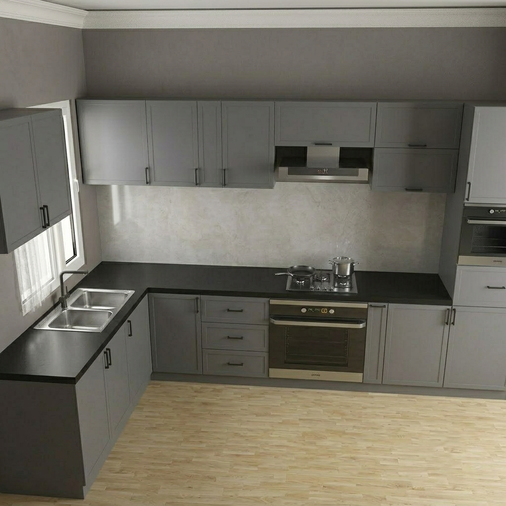 A modern L-shaped kitchen setup with gray cabinets, black countertops, a light gray backsplash, stainless steel sink and range hood, built-in oven, and light wood flooring.
