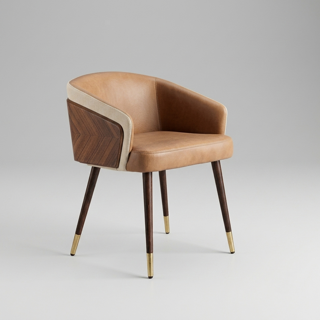 A modern accent chair with tan leather upholstery, a dark wood chevron-patterned side panel, and tapered dark wood legs with gold metal caps, shown on a neutral gray background.