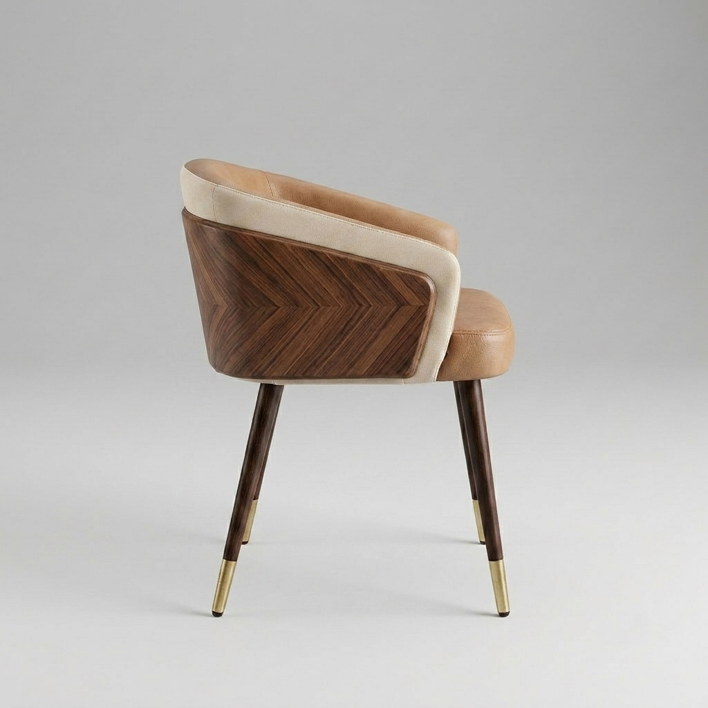 A modern accent chair with a curved backrest, featuring a dark brown wood chevron pattern on the back, tan leather upholstery on the seat and armrests, and tapered dark wood legs with gold metal caps, shown against a neutral gray background.