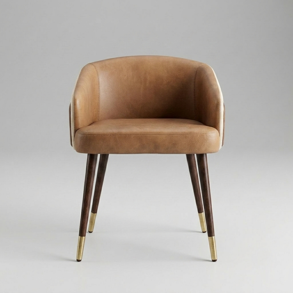 A mid-century modern accent chair with a warm tan leather seat and curved backrest, supported by dark wood legs with polished brass caps, set against a neutral gray studio background.