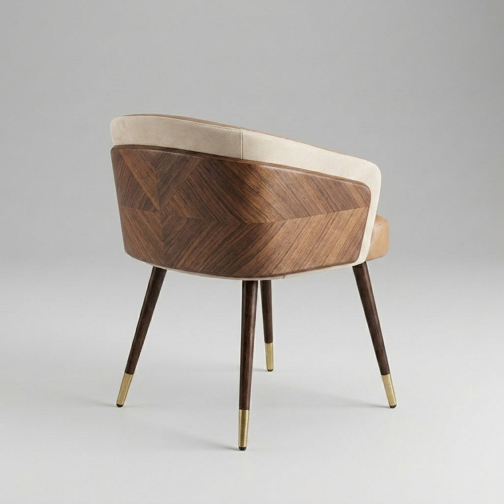 A modern accent chair with a curved backrest, featuring a dark brown chevron-patterned wood inlay, cream-colored upholstery on the backrest and sides, and tapered dark wood legs with gold metal caps, shown against a neutral gray background.