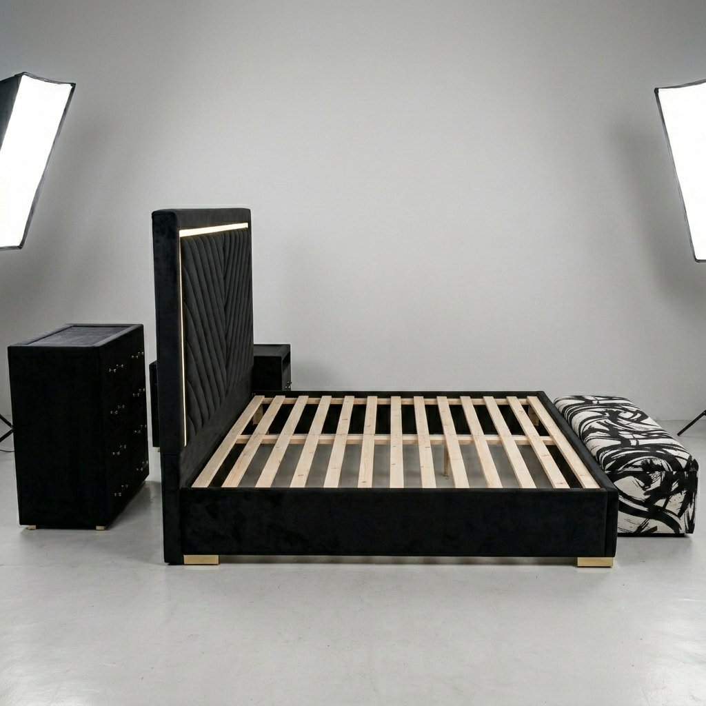 Black Velvet Bed Set with LED Headboard – Modern Design