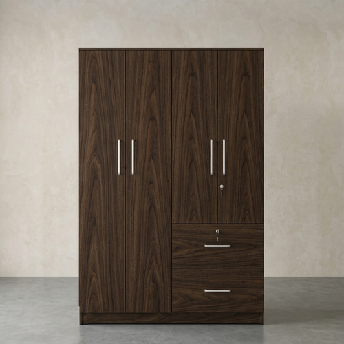 A tall dark brown wood grain wardrobe with two double doors on the left, two double doors with silver handles on the right, and two drawers on the bottom right, set against a textured beige wall and gray floor.
