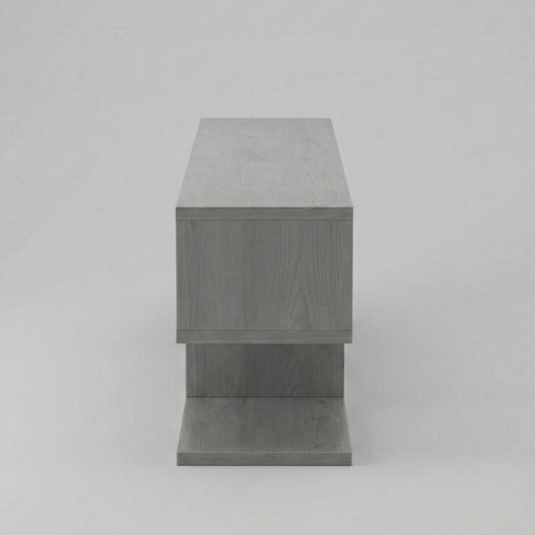 A modern gray wooden side table or console with a rectangular top, a central drawer or storage compartment, and a lower shelf, shown from a front-facing perspective on a light gray background.