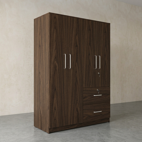 A tall dark brown wood grain wardrobe with two main doors, two side drawers, and silver handles, set against a textured beige wall and concrete floor.