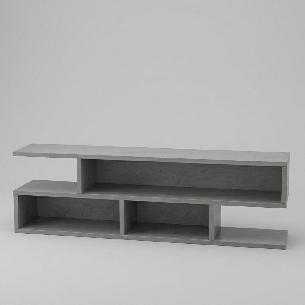 A modern gray wooden media console with open shelving, shown against a plain light gray studio background.