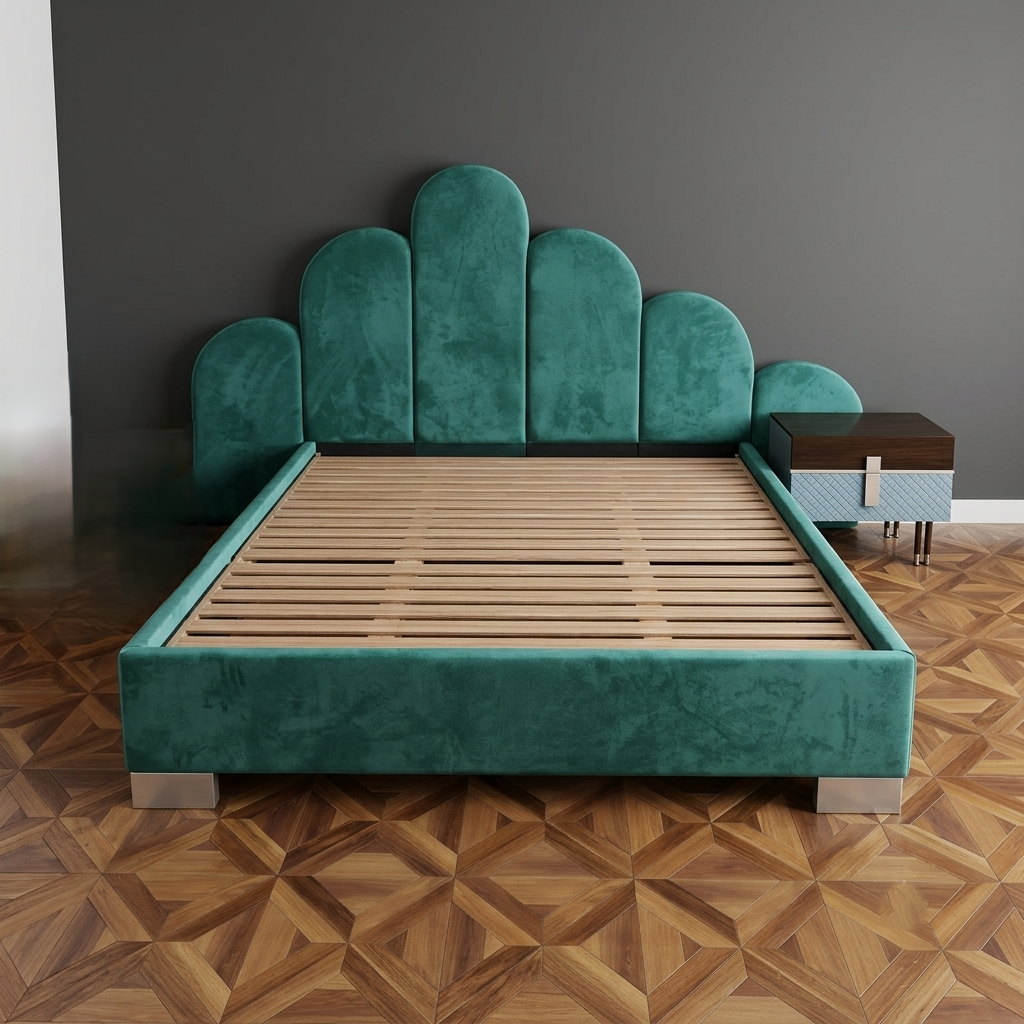 Scalloped Velvet Bed with Premium Wood – Art Deco Style