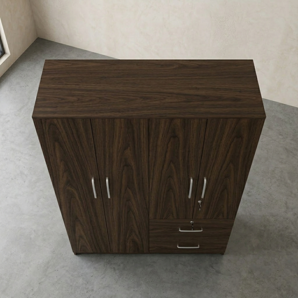 A dark brown wood grain cabinet with two doors, two side drawers, and silver metal handles, shown from a top-down angle on a gray concrete floor.
