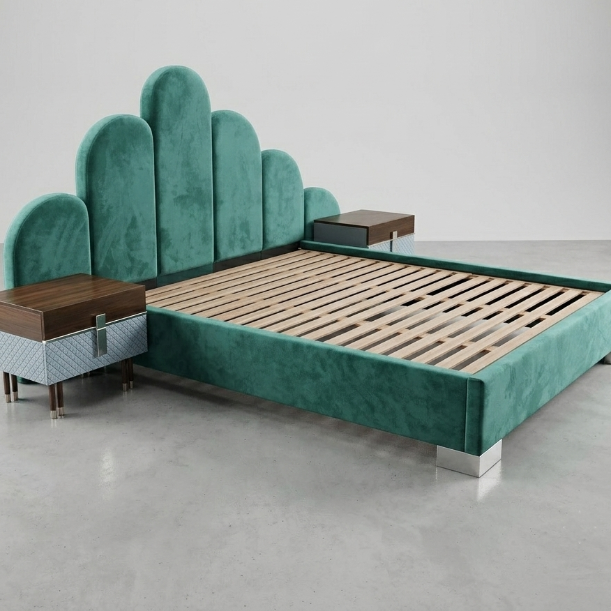 Scalloped Velvet Bed with Premium Wood – Art Deco Style