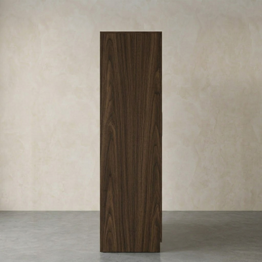 A tall, narrow wooden cabinet or panel with a dark walnut grain finish, standing upright against a textured beige wall and gray floor.