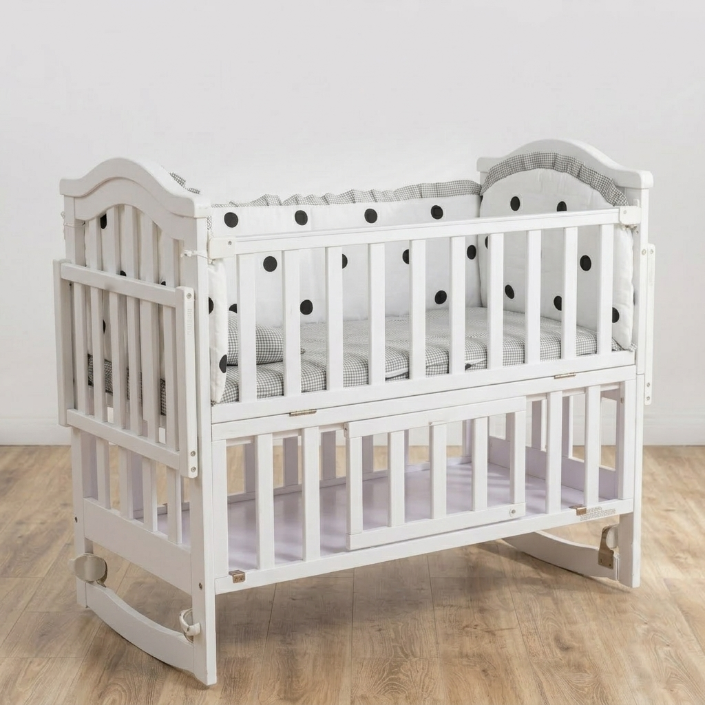 A white wooden convertible crib with a lower rocking tray, styled with gray and black polka-dot bedding, set against a plain white wall and light wood floor.