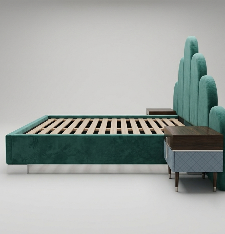 Scalloped Velvet Bed with Premium Wood – Art Deco Style