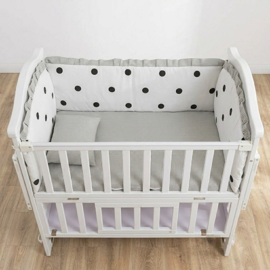 A white wooden baby crib with a gray and white gingham bedding set and white bumpers with black polka dots, shown on a light wood floor against a white wall.