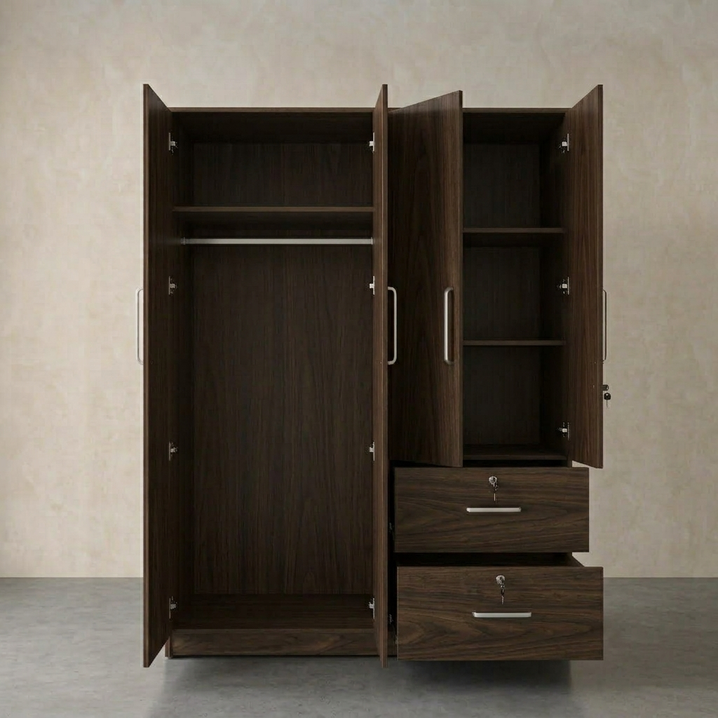 A dark brown wooden wardrobe with an open left door, a right-side double-door storage section with two drawers and a lock, set against a textured beige wall and gray floor.