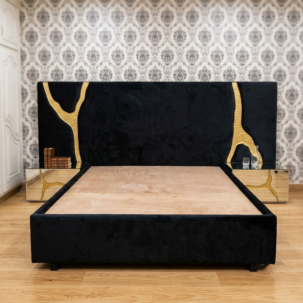 Black Velvet Bed with Gold Accents – Modern Statement