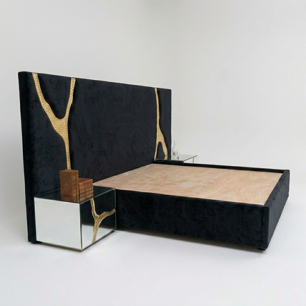Black Velvet Bed with Gold Accents – Modern Statement