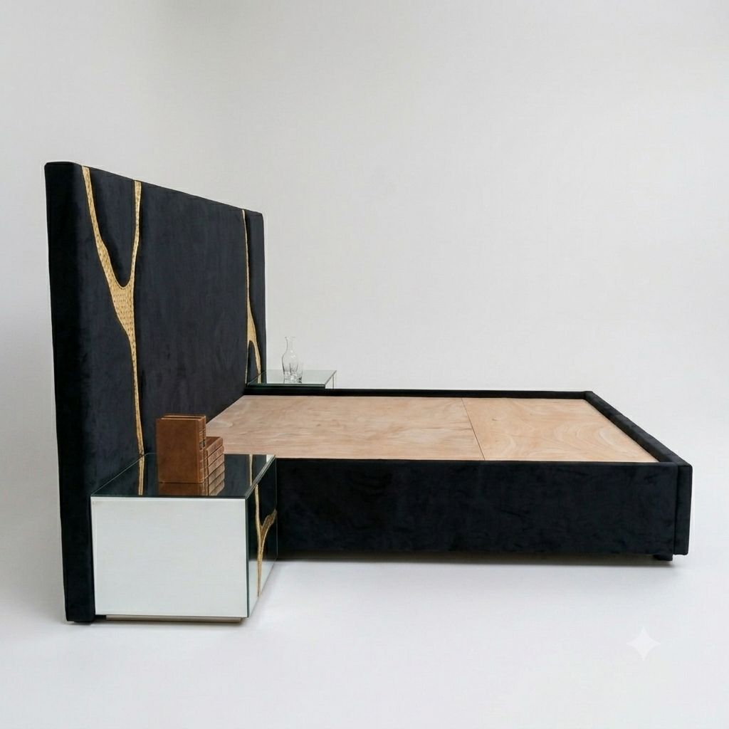 Black Velvet Bed with Gold Accents – Modern Statement