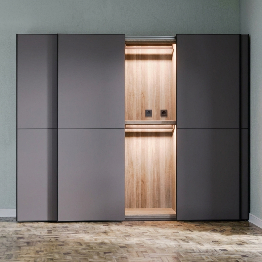 A modern wardrobe or closet door system in dark gray, shown with two outer doors swung open to reveal a warm wood interior with built-in lighting.