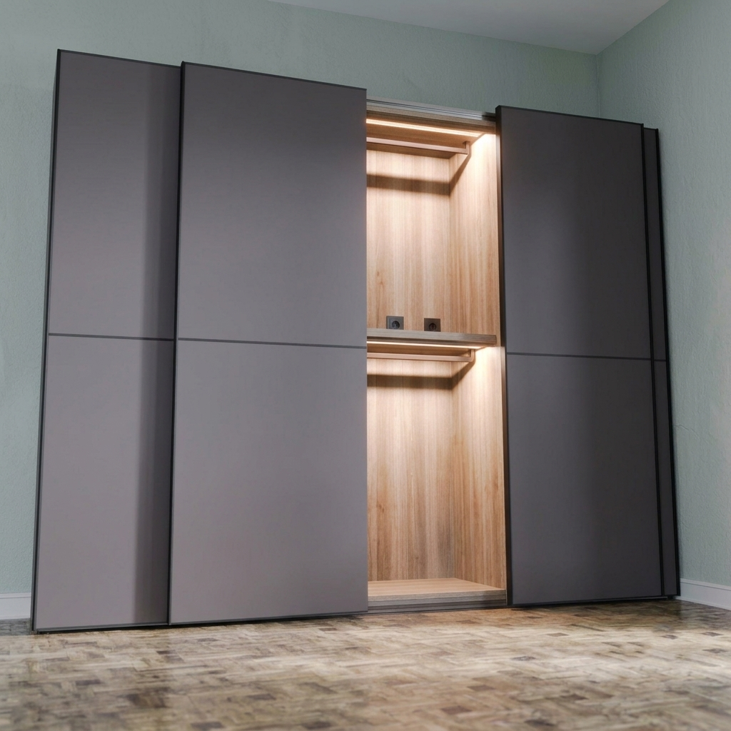 A modern wardrobe with two dark gray sliding doors partially open, revealing a warm wood interior with built-in lighting, set against a pale green wall and wood-look floor.