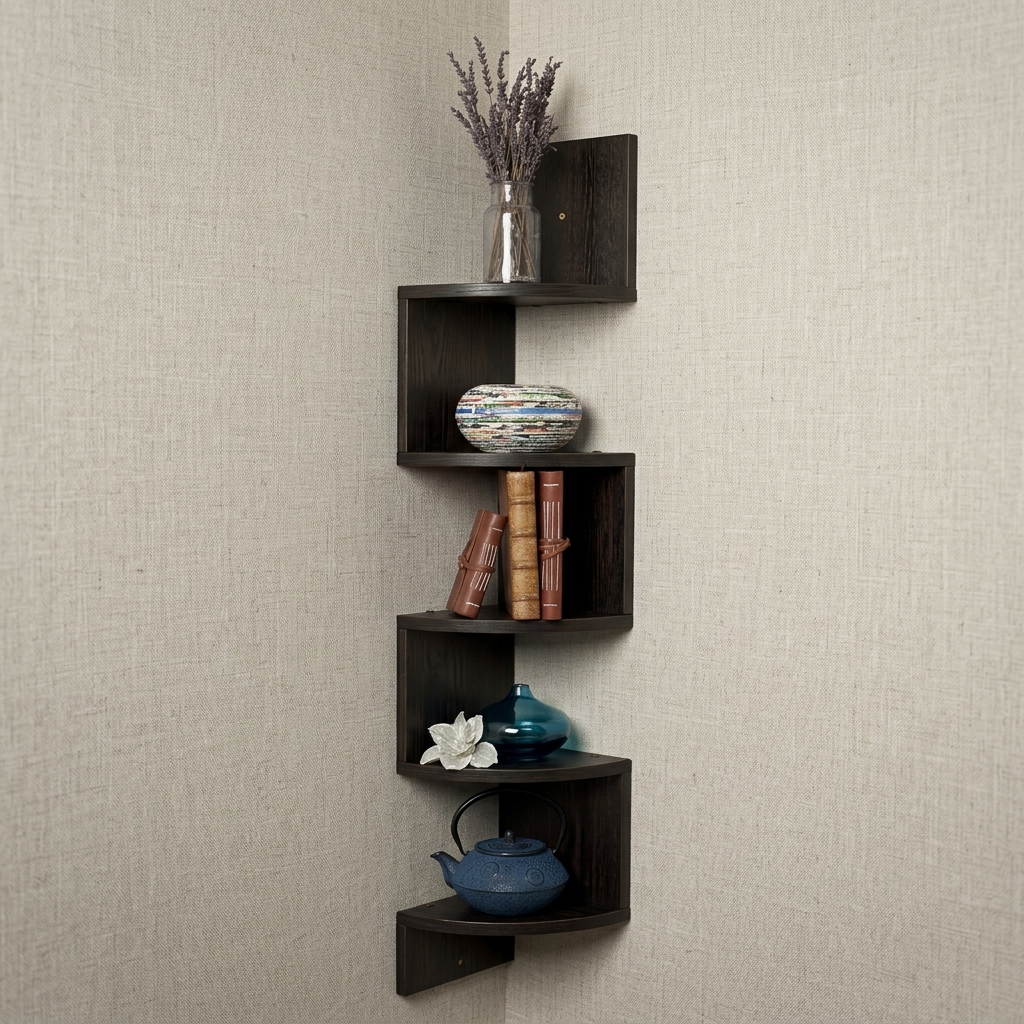 A dark brown corner wall shelf set with five nested L-shaped tiers, styled with a silver vase of dried lavender, a patterned ceramic bowl, books, a blue vase, a white flower, and a blue teapot, mounted on a textured beige wall.
