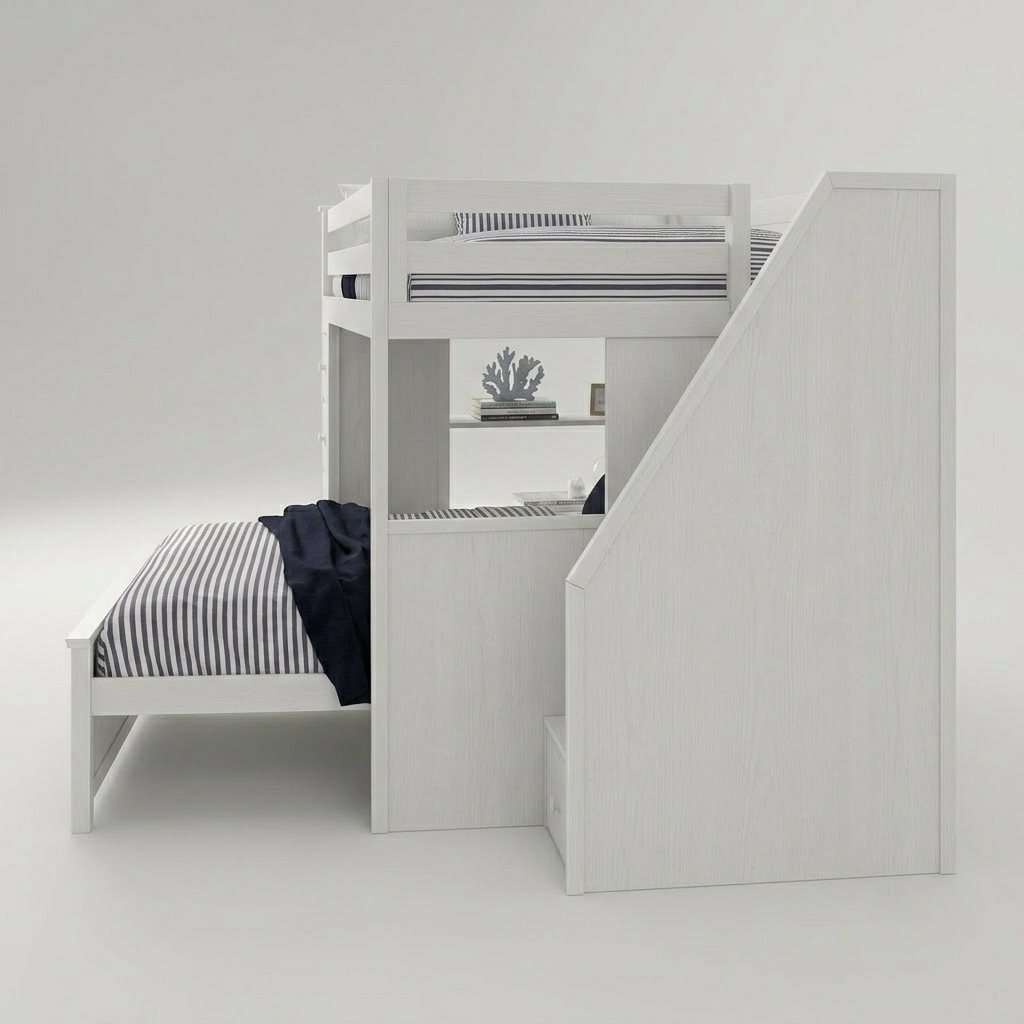 White wooden bunk bed with an integrated staircase and side storage, shown with striped bedding on a clean white studio background.