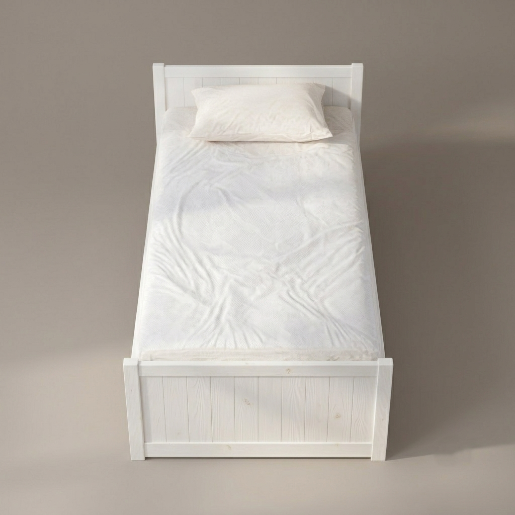 A white wooden single bed frame with a white mattress and pillow, photographed from directly above on a neutral warm gray background.