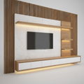 Modern wall-mounted TV console with a black flat-screen television, white marble-look panel, wood slat accents, open shelves, and a long low cabinet with warm under-lighting.