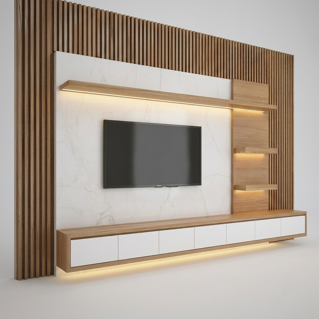 Modern wall-mounted TV console with a black flat-screen television, white marble-look panel, wood slat accents, open shelves, and a long low cabinet with warm under-lighting.