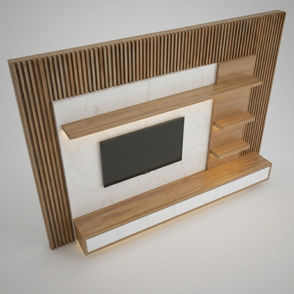 A modern wooden TV wall console with a slatted wood frame, built-in floating shelves, a recessed TV area, and a long lower cabinet, shown on a clean light gray studio background.