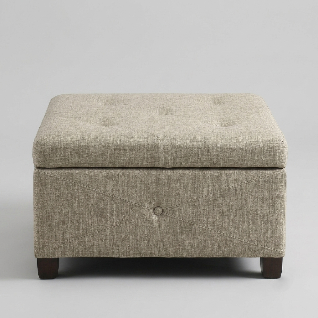 A square upholstered storage ottoman with a tufted cushion, textured beige fabric, a decorative button on the front, and dark wooden legs, shown against a neutral gray background.