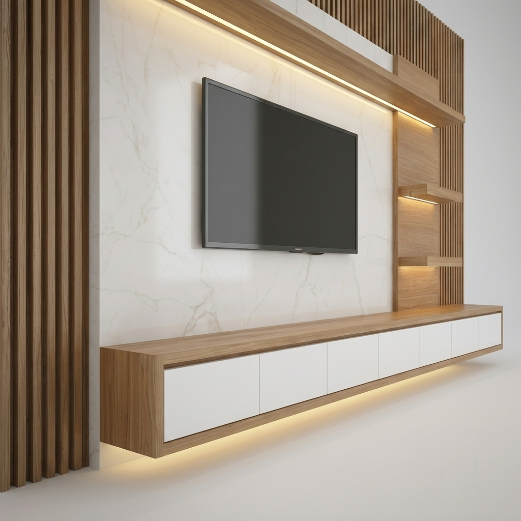 Modern wall-mounted TV and floating media console in a minimalist living room setting. The TV is black and mounted on a white marble-patterned wall, flanked by warm wood slats and shelves with integrated LED lighting.