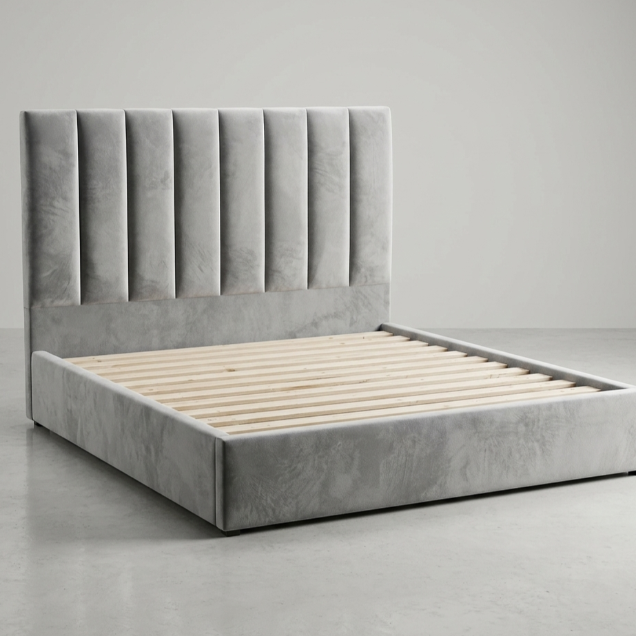 Grey Velvet Platform Bed with Premium Wood – Modern Design