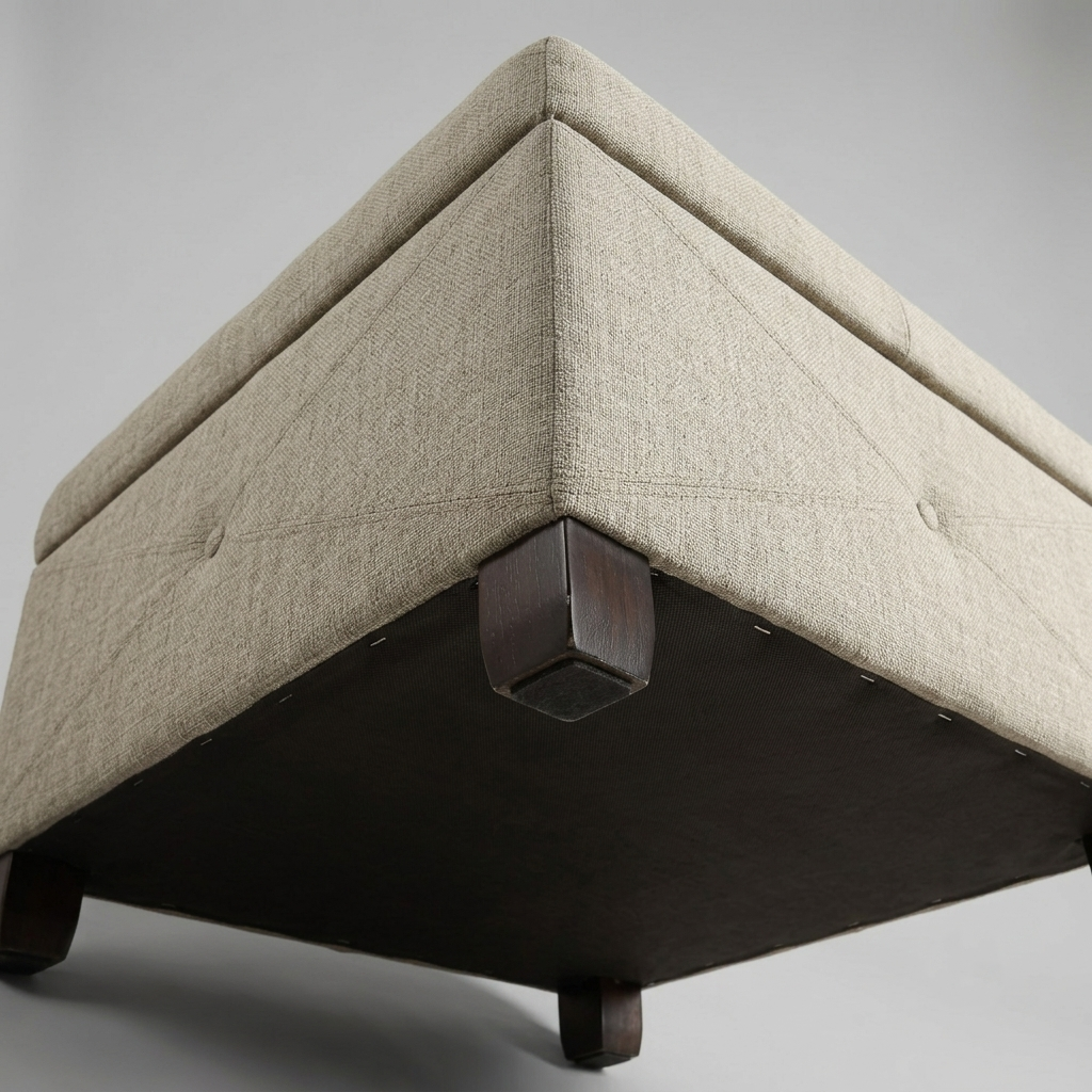 A close-up corner view of a square upholstered ottoman or bench with a light beige textured fabric and dark wood legs, shown on a neutral gray studio background.