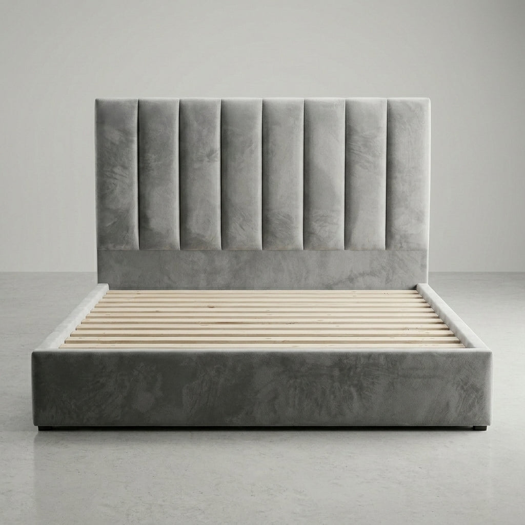 Grey Velvet Platform Bed with Premium Wood – Modern Design