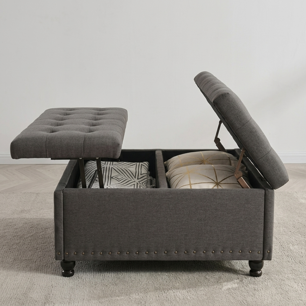 Grey Tufted Storage Ottoman with Wood Legs – Classic Style