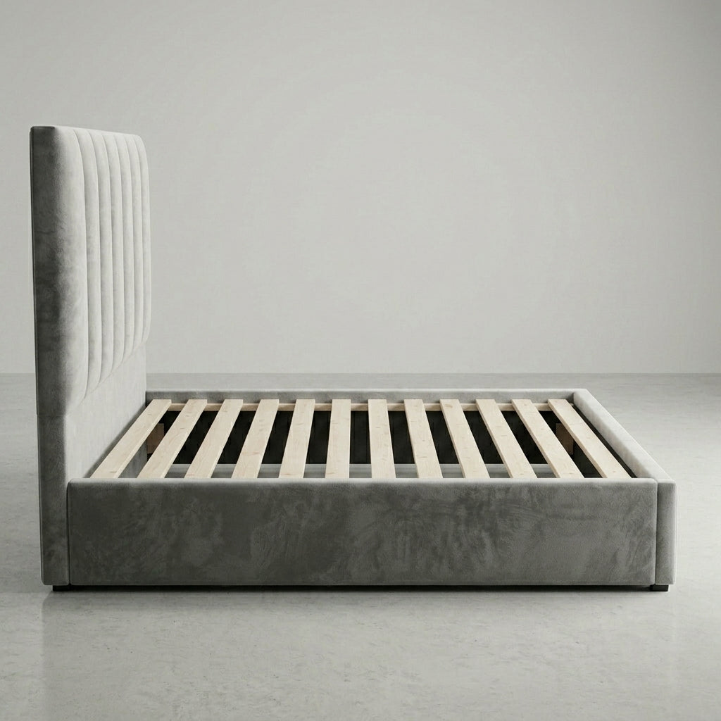 Grey Velvet Platform Bed with Premium Wood – Modern Design