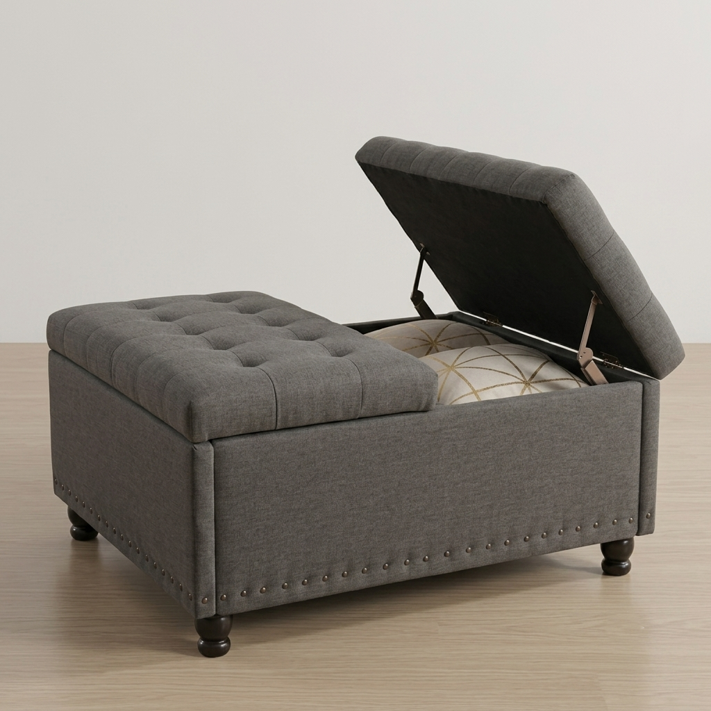 Grey Tufted Storage Ottoman with Wood Legs – Classic Style