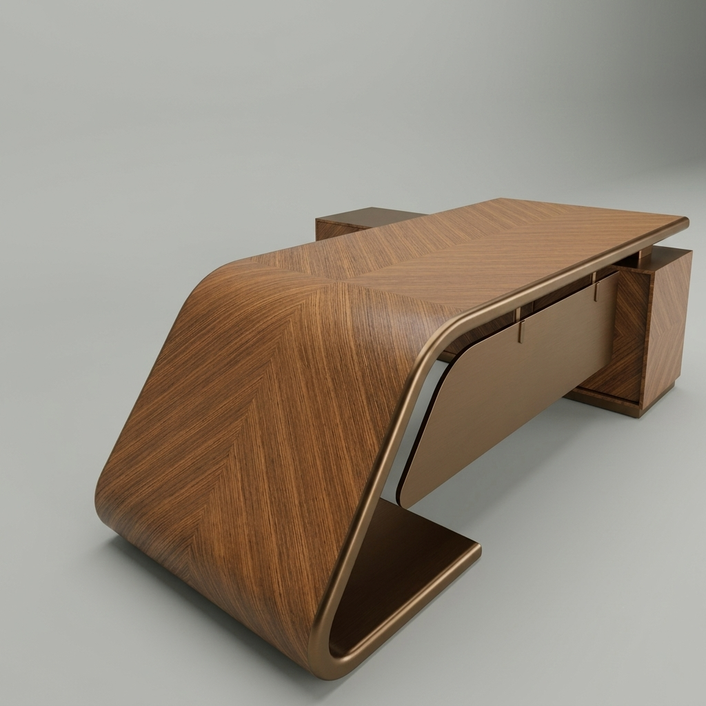 A modern wooden desk with a curved, sculptural design and a rich chevron wood grain finish, shown on a neutral gray background.