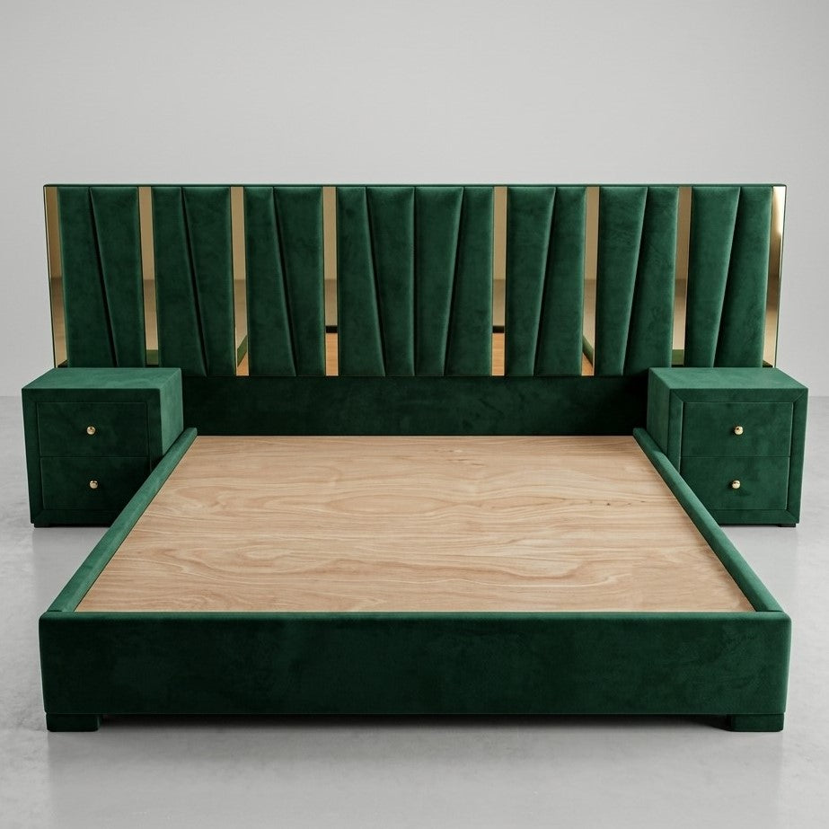 Green Velvet Platform Bed with Nightstands – Modern Glam