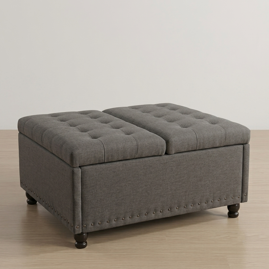 Grey Tufted Storage Ottoman with Wood Legs – Classic Style