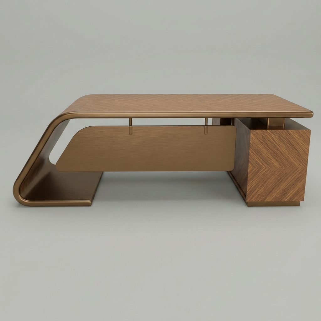 A modern wooden console table with a rich brown finish, featuring a curved sculptural base and a geometric side cabinet, shown against a neutral gray background.