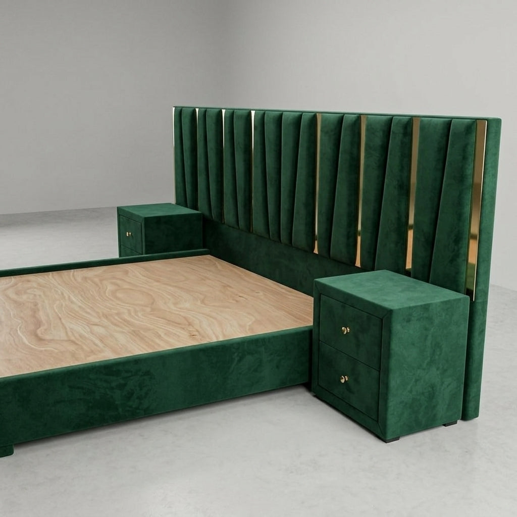 Green Velvet Platform Bed with Nightstands – Modern Glam
