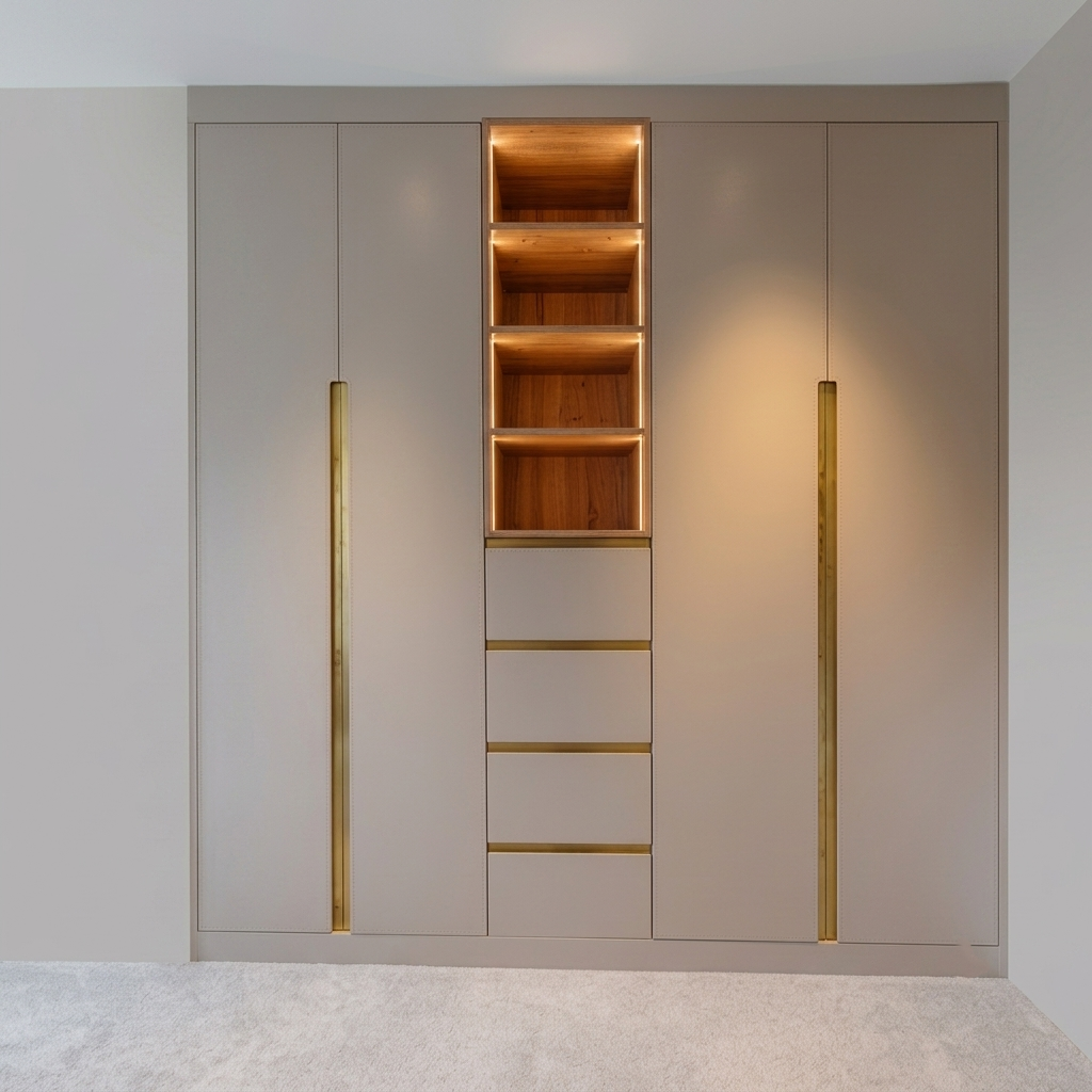Modern Fitted Wardrobe with Brass Trim & Wood Shelving