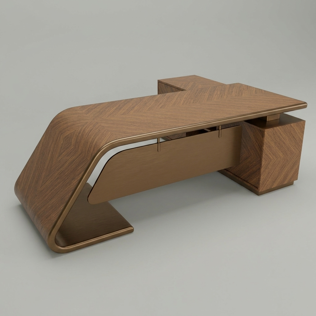 A modern wooden desk with a unique curved, sculptural design and a rich wood grain finish, shown on a neutral gray background.