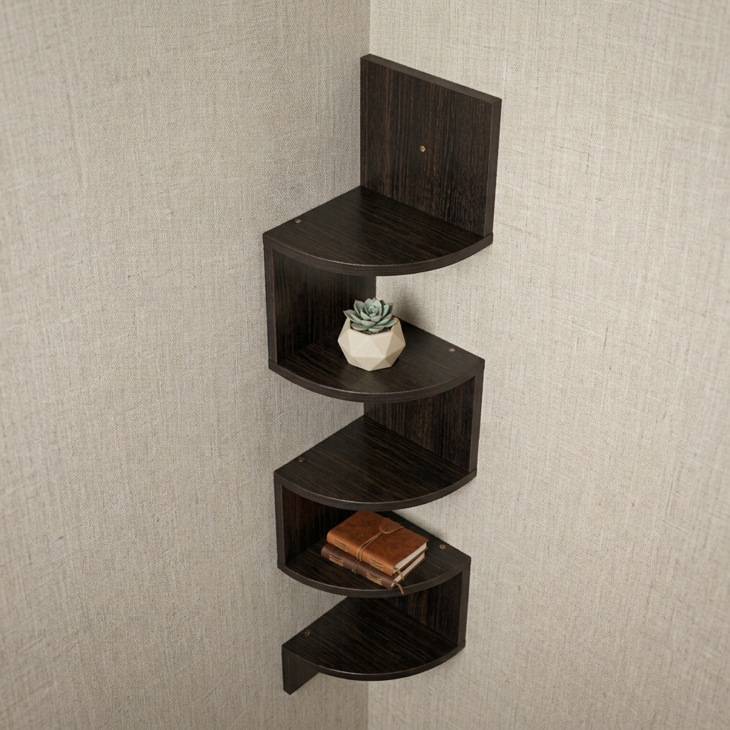 A dark brown wooden spiral corner shelf mounted on a textured beige wall, holding a small succulent and a brown book.