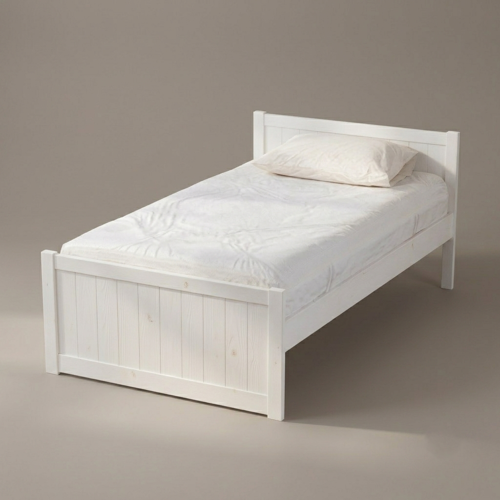 A white wooden single bed frame with a mattress and pillow, photographed in a studio setting against a neutral warm gray background.