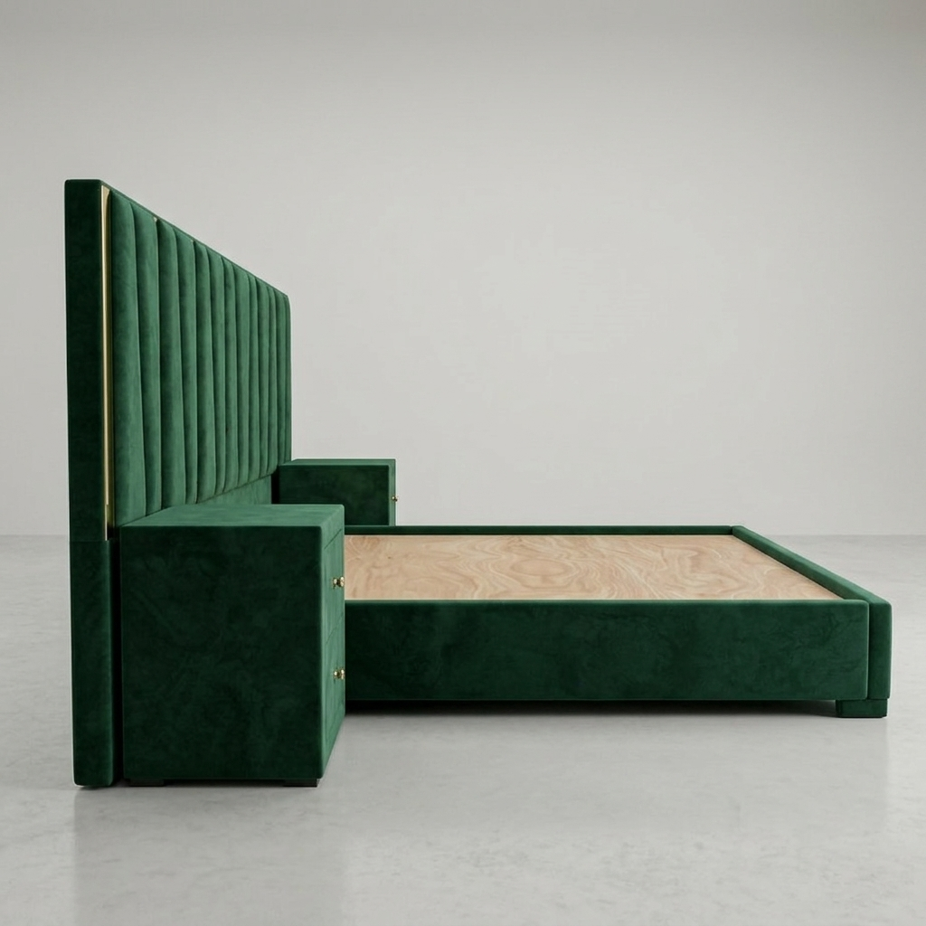 Green Velvet Platform Bed with Nightstands – Modern Glam